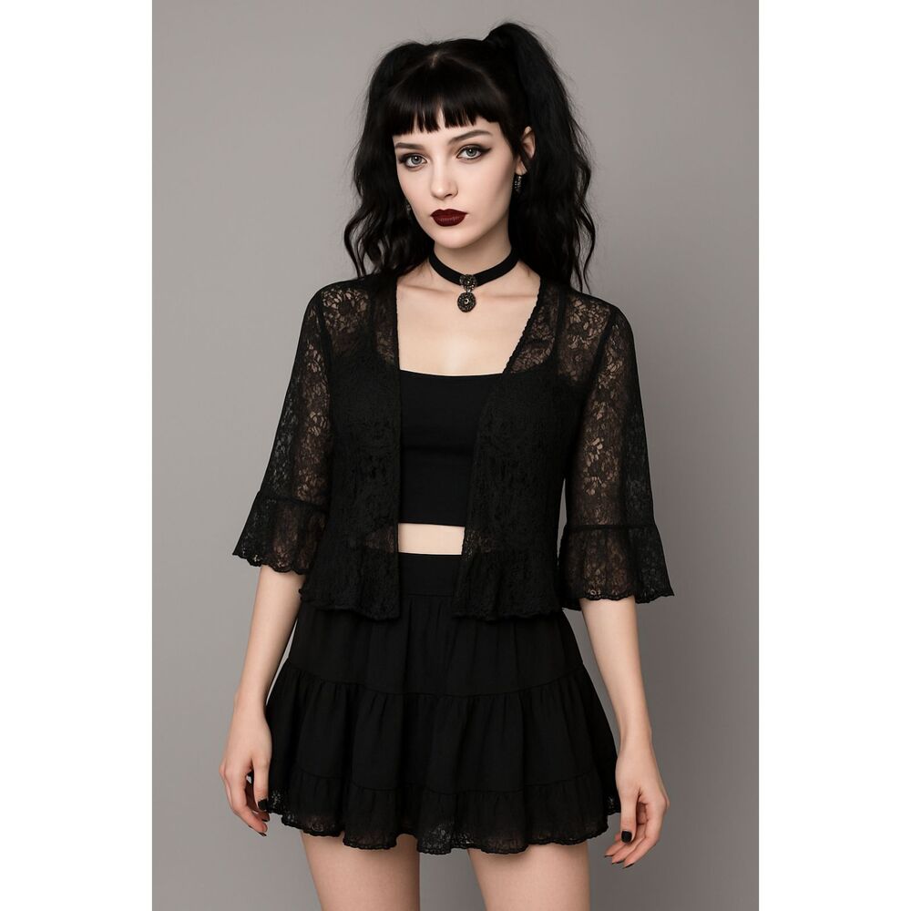 Witchy Black Whimsy Lace Open Cardigan Top Women's Size Small